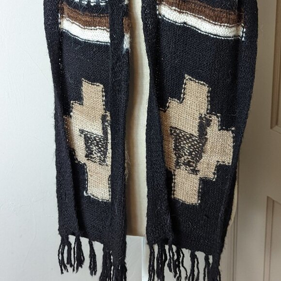 Vintage Alpaca Knit Wool Scarf Fringe Brown Black White Handmade Boho - Picture 5 of 6